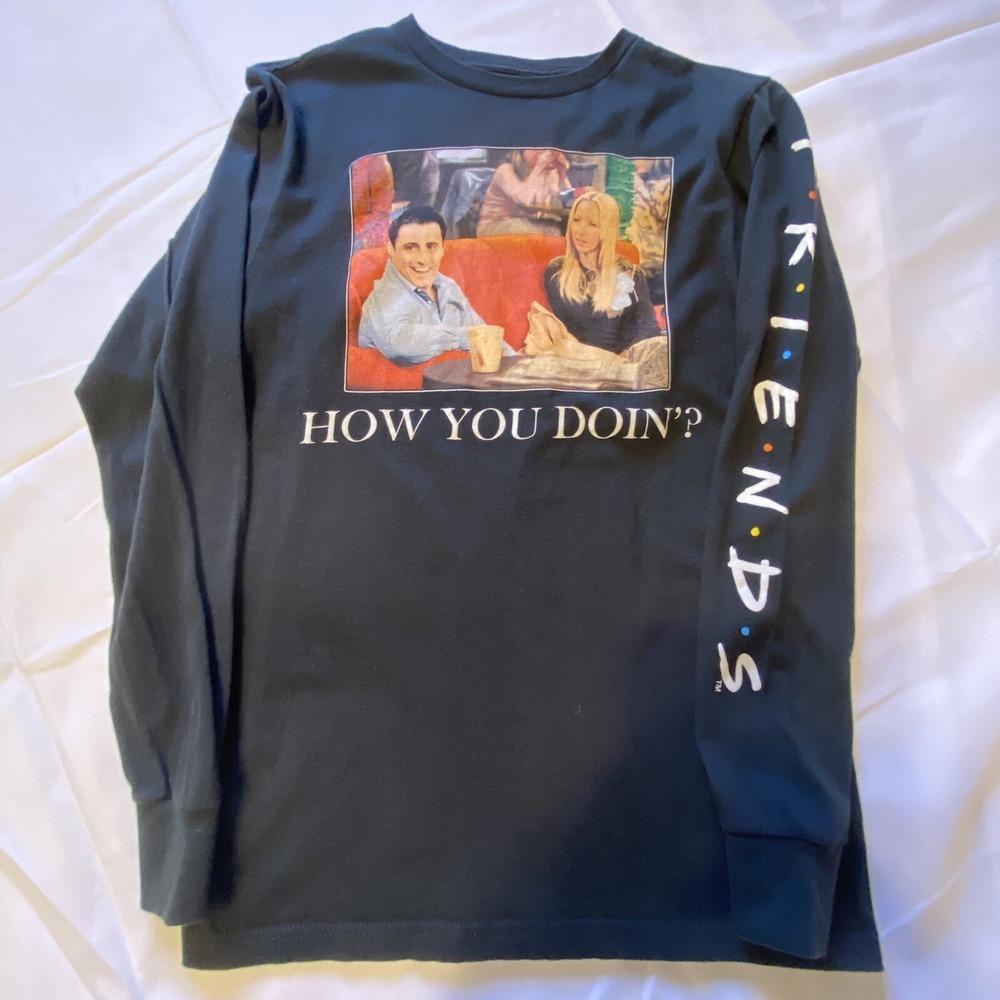 Friends T-Shirt Adult Small "How You Doin?" Cafe Scene Black Long Sleeve